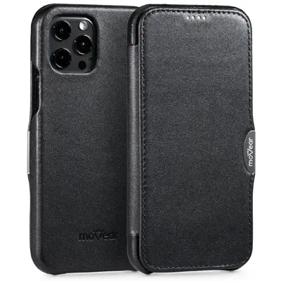 FlipSide C do iPhone 12 Pro, etui z naturalnej gładkiej skóry w kolorze czarnym, widok z przodu i z tyłu
