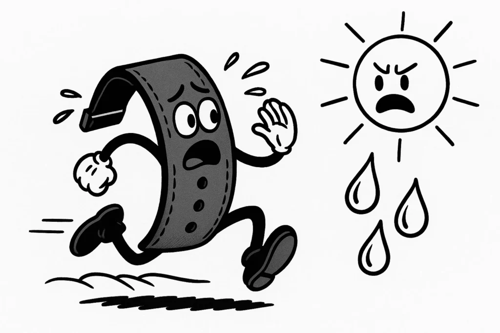 Pasek do zegarka, który boi się deszczu i upału – zabawna ilustracja pielęgnacji