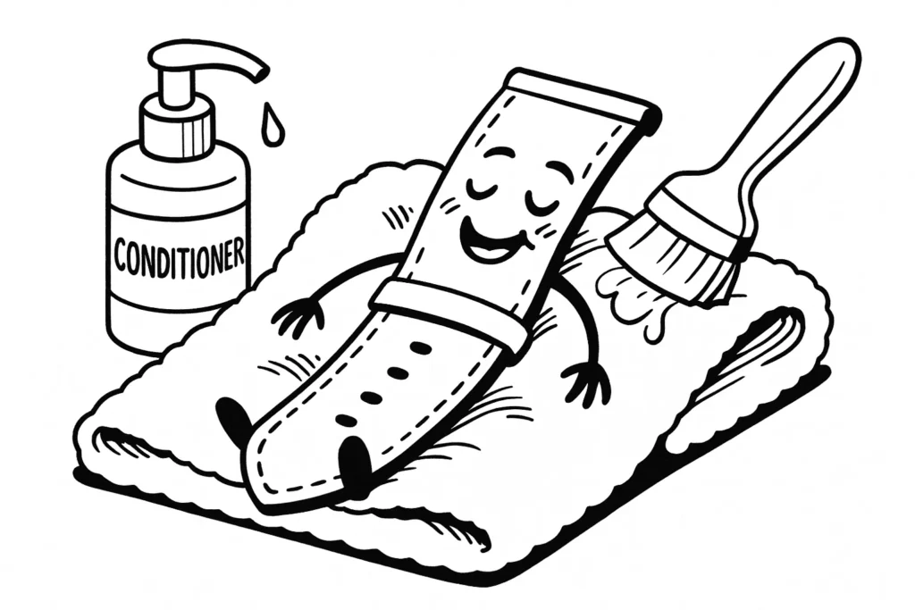 Humorystyczna grafika – skórzany pasek do zegarka relaksuje się na miękkiej ściereczce podczas pielęgnacji i konserwacji