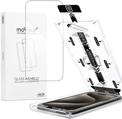 Szkło ochronne 2.5D do iPhone 15 Pro moVear – zakrzywione krawędzie, powłoka oleofobowa, łatwy montaż