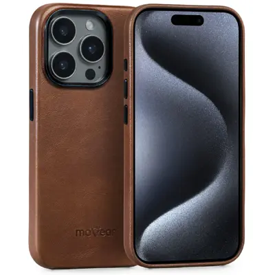 Skórzane etui brązowe moVear do iPhone 15 Pro – eleganckie plecki z naturalnej skóry