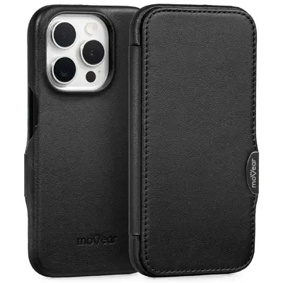 Skórzane etui czarne z klapką moVear do iPhone 15 Pro – pełna ochrona i styl