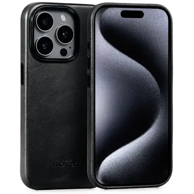 Skórzane etui czarne moVear do iPhone 15 Pro – klasyczne plecki z naturalnej skóry