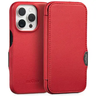 Skórzane etui czerwone z klapką moVear do iPhone 15 Pro – stylowe i funkcjonalne