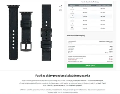 Podsumowanie konfiguracji paska skórzanego moVear do Apple Watch Ultra 2 – kolor czarny, przeszycie czarne, klamra czarna matowa, rozmiar M.