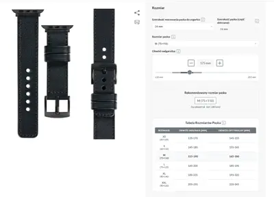 Wybór rozmiaru paska skórzanego w konfiguratorze moVear – suwak do pomiaru obwodu nadgarstka i tabela rozmiarów XS–XXL.