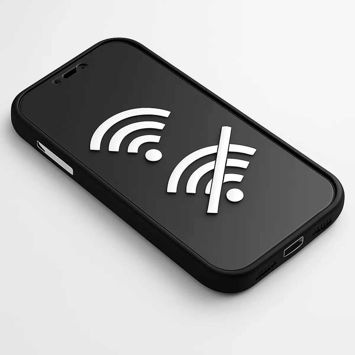 Smartfon w czarnym etui leżący na białym tle, na ekranie dwa symbole sygnału – po lewej silny, po prawej przekreślony, symbolizujący utratę zasięgu.