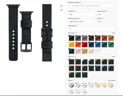 Konfigurator pasków moVear – wybór modelu zegarka Apple Watch, koloru skóry, przeszycia i klamry w konfiguratorze online.