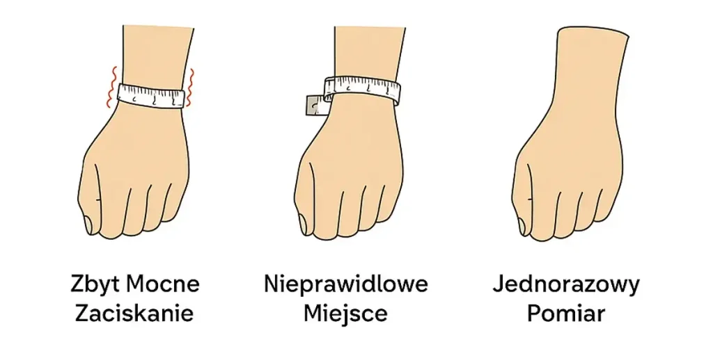 Ilustracja najczęstszych błędów przy mierzeniu obwodu nadgarstka - za ciasno, za luźno, złe miejsce
