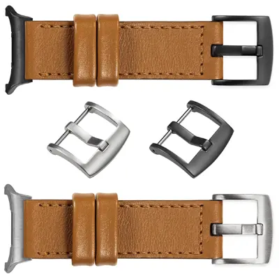 Jasnobrązowy pasek Galaxy Watch Ultra ze srebrnymi i czarnymi adapterami - ciepły vintage look