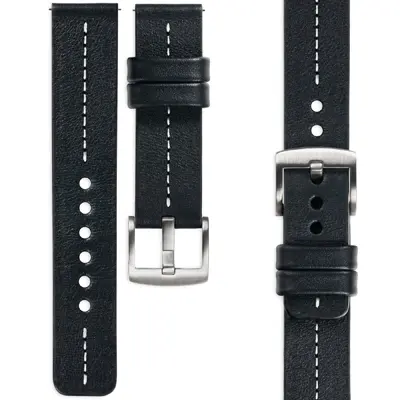 Czarny skórzany pasek do Garmin, białe przeszycie przez środek, srebrna klamra — quick-release 18/20/22 mm (bez QuickFit)