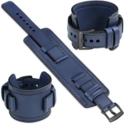 Granatowy skórzany pasek do Garmin z podkładką (szeroki), czarne przeszycie i czarna klamra — quick-release 18/20/22 mm