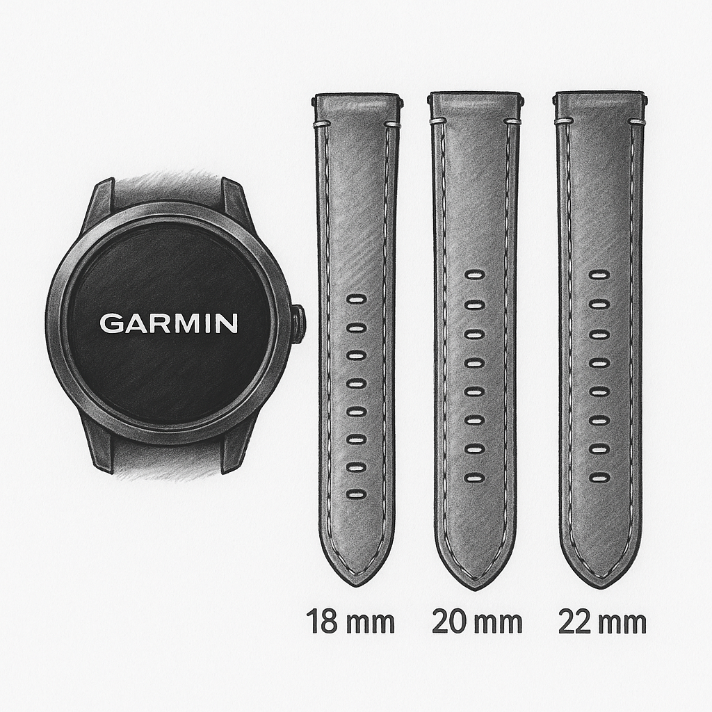 Garmin smartwatch i trzy skórzane paski w szerokościach 18 mm, 20 mm i 22 mm – ilustracja porównawcza
