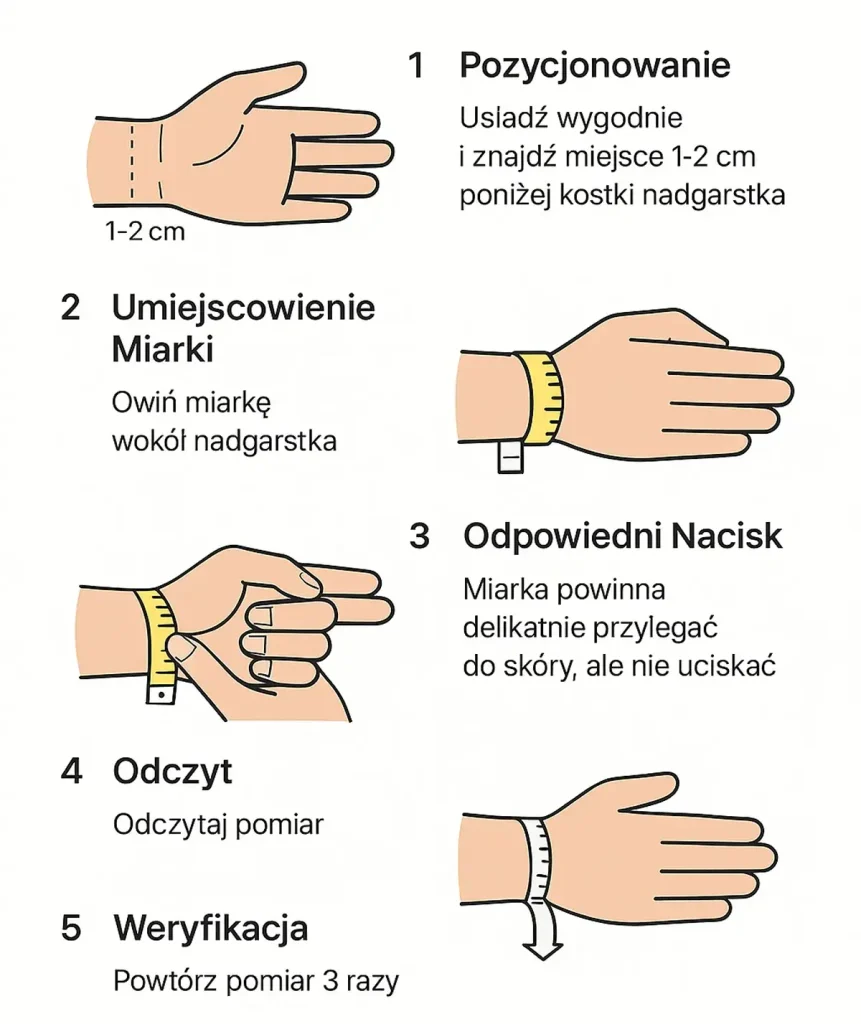 Schemat 5 kroków prawidłowego mierzenia obwodu nadgarstka dla pasków moVear