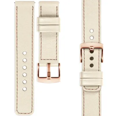 Skórzany pasek do zegarka moVear Prestige C1 w jasnym beżu z przeszyciem w kolorze różowego złota i klamrą rose gold