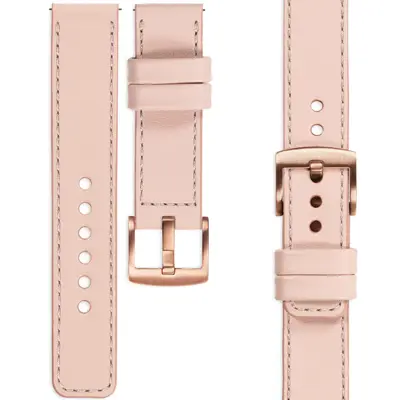Skórzany pasek do zegarka moVear Prestige C1 w kolorze pudrowego różu z przeszyciem w kolorze skóry i z klamrą w odcieniu różowego złota, harmonijne połączenie