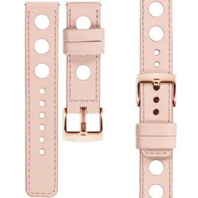 Skórzany perforowany pasek do zegarka moVear Prestige R1 Rally w kolorze pudrowego różu z przeszyciem ton w ton i z klamrą w odcieniu różowego złota