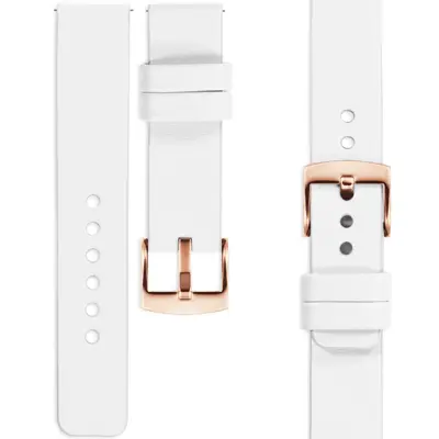 Minimalistyczny skórzany pasek do zegarka moVear Prestige S1 w kolorze białym bez przeszycia z klamrą w odcieniu różowego złota