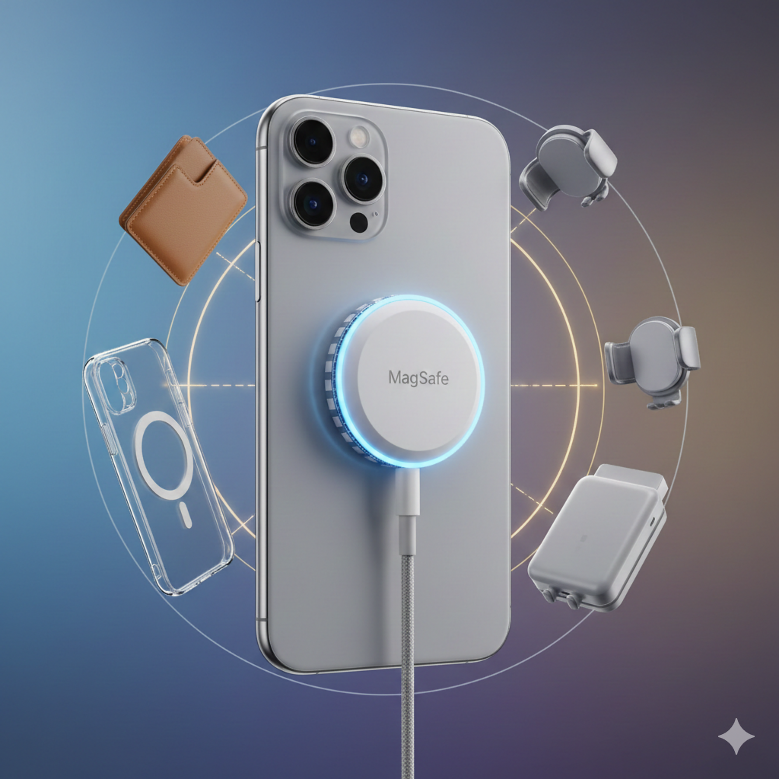 MagSafe w iPhonie: ładowarka magnetyczna podłączona do telefonu, wokół akcesoria (etui, portfel, uchwyty, powerbank).