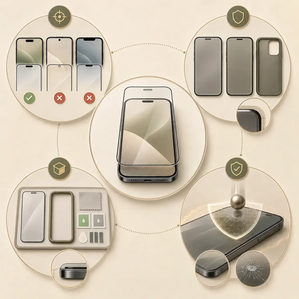 Infografika pokazująca, na co zwrócić uwagę przy wyborze szkła ochronnego: dopasowanie do konkretnego modelu telefonu, sposób pokrycia ekranu, kompatybilność z etui, elementy zestawu montażowego oraz ochronę ekranu przed uszkodzeniami.