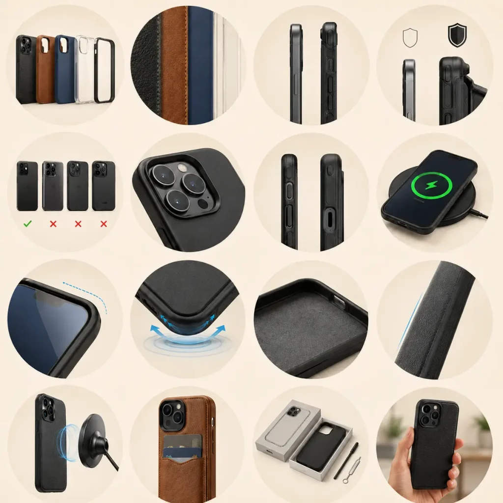 Infografika pokazująca najważniejsze cechy etui do telefonu: rodzaje materiałów, dopasowanie do modelu, poziom ochrony, wykończenie krawędzi, dostęp do portów i przycisków, zgodność z ładowaniem bezprzewodowym oraz elementy dodatkowe.