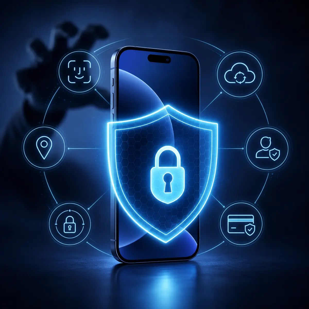 iPhone chroniony cyfrową tarczą z ikonami Face ID, lokalizacji, kopii zapasowej i bezpiecznych płatności